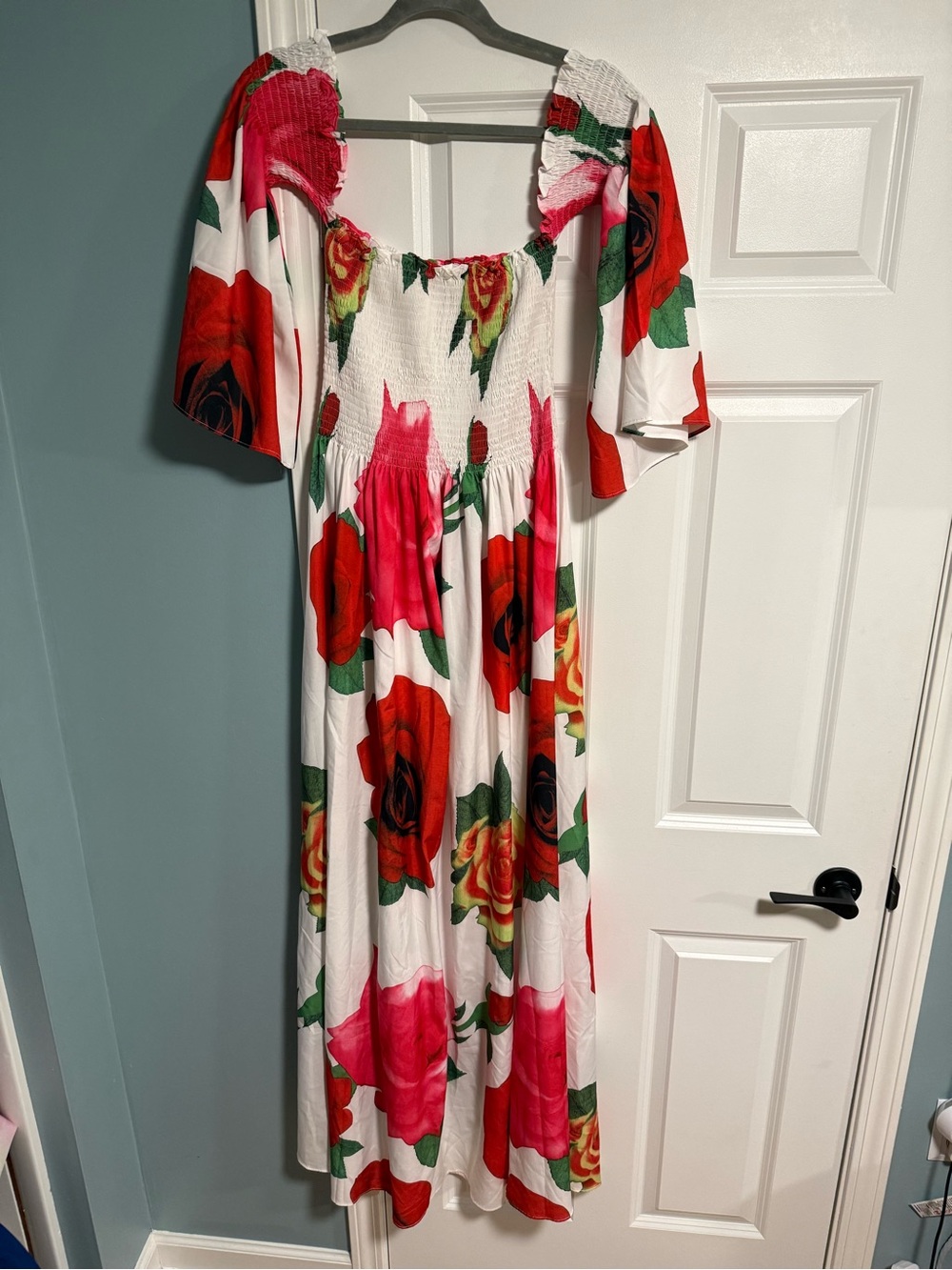 10 Items for $20: White Maxi Dress with Red Rose Print